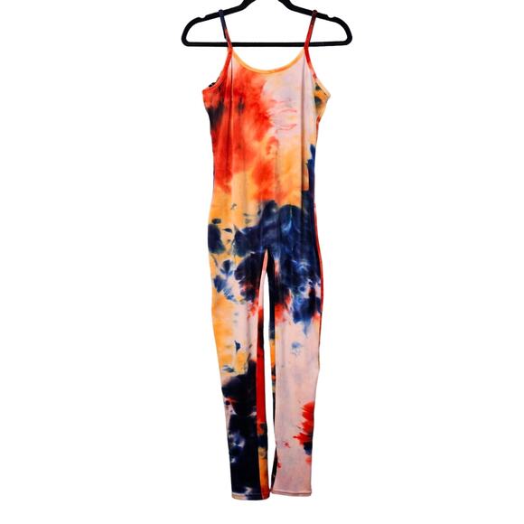 Roma Concept Jumpsuit XL Colorful Tie-dye Velvet Velour Stretchy Hippie Rainbow - Picture 2 of 15